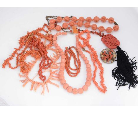 An Art Deco Flapper Style simulated coral necklace, a Chinese metal brooch set with coral, AF, six branch coral necklaces, an