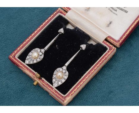 A pair of diamond, pearl and platinum art deco drop earrings, the pierced ovoid fan terminal centred with a bouton pearl surr