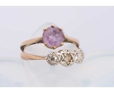 Two 9ct gold gem set dress rings, including an illusion set diamond example and an amethyst dress ring, both ring size K, 3.8