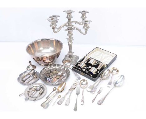 An Art Deco silver cased cruet set and a collection of silver plated items