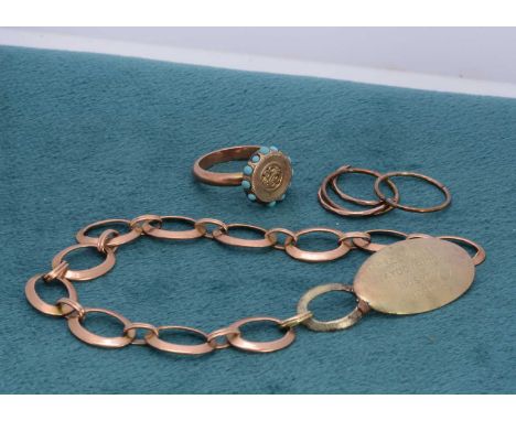 A small collection of gold, including a converted button dress ring, an identity bracelet (af) and other items, ring size F, 