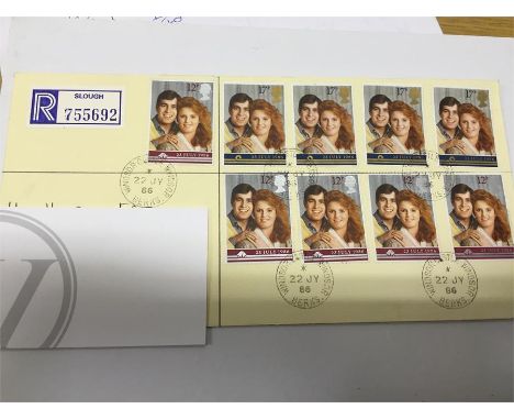 Set of First Day cover Prince Andrew and Sarah Ferguson wedding stamps, franked and stamped at the Windsor Castle internal po