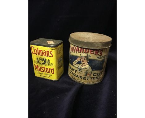 Two vintage tins, an unopened Colemans mustard and Cavanders Navy Cut Cigarettes.