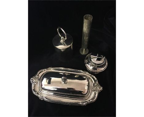 Four silverplate items to include, lighter, cigarette box, butter dish and a spill vase
