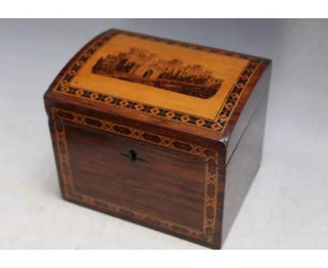 A DOMED TOPPED TUNBRIDGEWARE TEA CADDY, W 14 cm