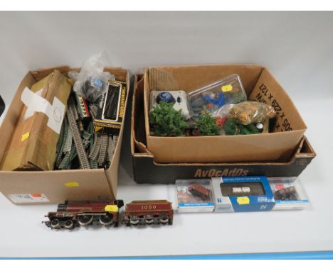 TWO BOXES CONTAINING 'N GAUGE' ITEMS, to include three pieces of rolling stock, two Peco and one Dapol, a large quantity of '