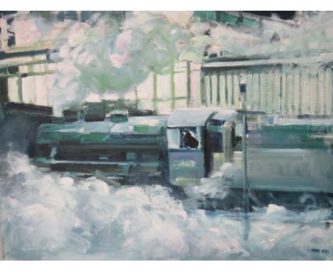 MOORE (XX). British school, study of a steam engine passing through a station, signed and dated 2013, lower right, oil on can
