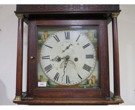 A 19TH CENTURY OAK CASED LONGCASE CLOCK, having a painted dial, housing an eight day movement, twin weight and pendulum, H 21
