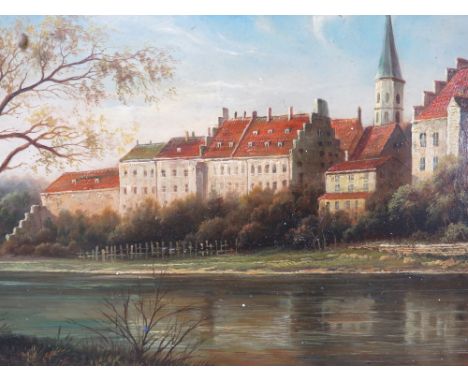 E. VERNON (XX). Wooded river landscape with college buildings on the far bank, signed lower right, oil on panel, framed, 24 x