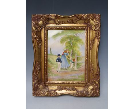 A HAND PAINTED RECTANGULAR PORCELAIN PANEL SIGNED BY E.R. BOOTH, decorated with a lady and two children, signed lower left, g