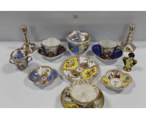 A COLLECTION OF ASSORTED CONTINENTAL PORCELAIN, to include cabinet cups and saucers, pair of candle sticks etc..... crossed s