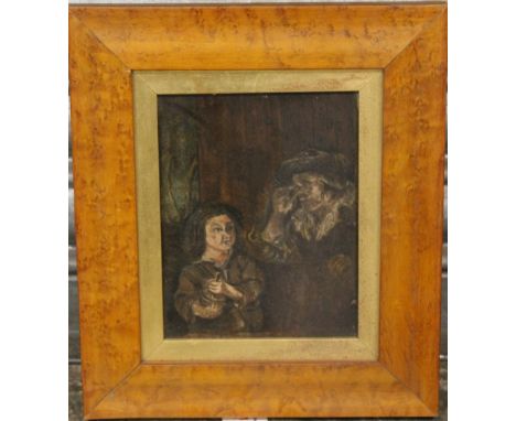 (XIX). Continental school, naive study of a man and boy, the boy with a glass jar, unsigned, oil on panel, framed, 17 x 13 cm