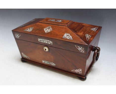 A LARGE ROSEWOOD TEA CADDY, with mother of pearl inlay, W 31 cm