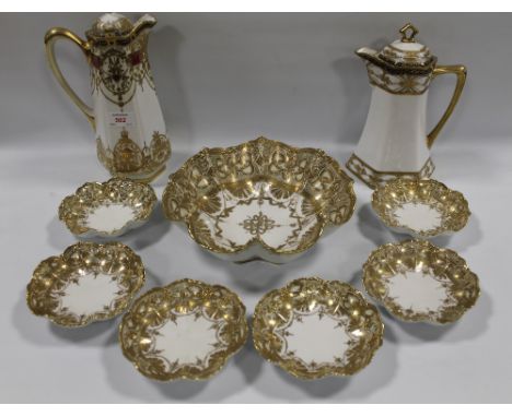 TWO LARGE NORITAKE COFFEE POTS, together with a Nippon gilt shaped bowl and six dishes (9)