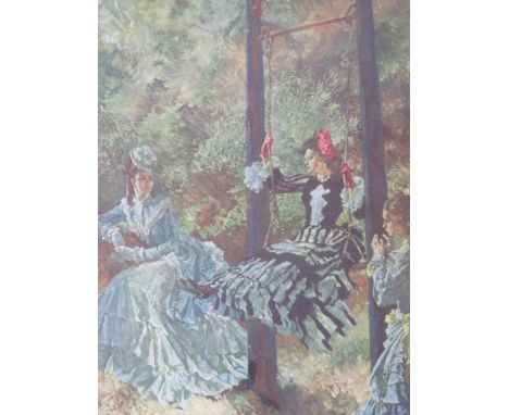 SIR WILLIAM RUSSELL FLINT (1880-1969). 'Victorian Diversion', three young women in a Victorian garden, one sitting on a swing