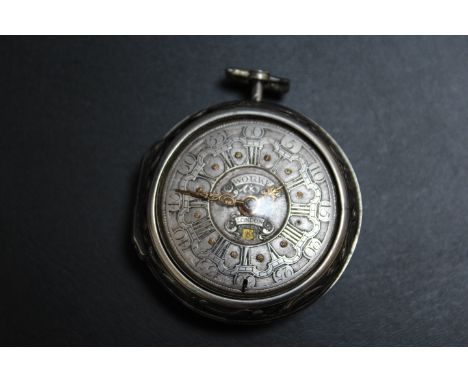 A HIGH QUALITY PAIR CASED REPOUSSE VERGE POCKET WATCH BY A JOHN WORKE OF LONDON 1762, having ornate silver dial with 'Worke' 