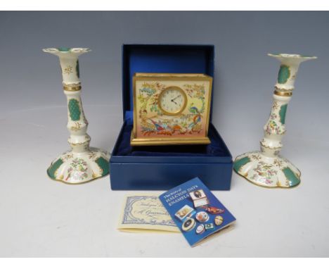 A BOXED HALCYON DAYS ENAMEL DESK CLOCK, with bird, foliate and landscape decoration, W 11 cm, H 9 cm, D 5 cm, together with a