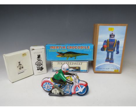 A COLLECTION OF SIX TIN PLATE TOYS, (five are boxed), to include Inertia Crocodile MS224, Schylling speedboat, Spaceman Robot