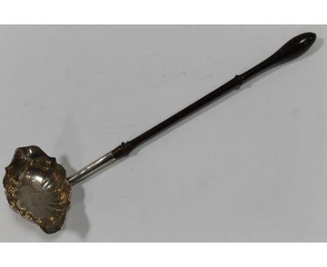 A 19TH CENTURY HALLMARKED SILVER LADLE, with turned wooden handle, overall L 32 cm