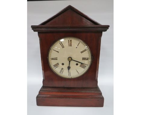 AN EDWARDIAN MAHOGANY CASED MANTLE CLOCK, with ting tang strike movement, H 43 cm