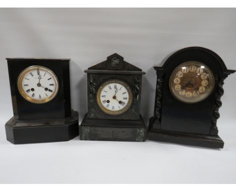 THREE ASSORTED MANTLE CLOCKS, comprising two wooden cased examples with striking movements and a bell strike black slate cloc
