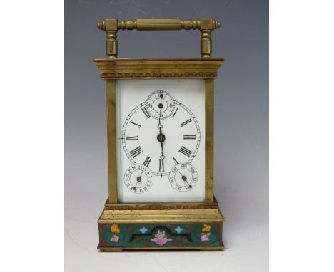 A LATE 20TH CENTURY FIVE GLASS CLOISONNE AND BRASS CASED CARRIAGE CLOCK, the enamel dial with Roman numerals and three subsid