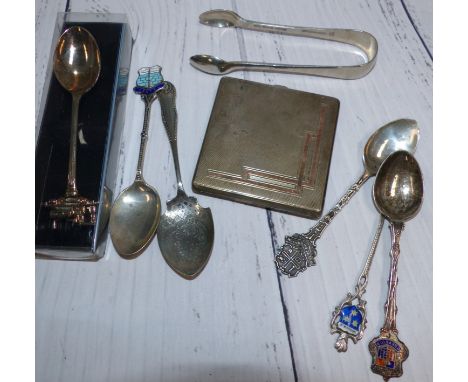 An engine turned silver compact with gold highlights, Birmingham 1938; 2 silver souvenir spoons and others