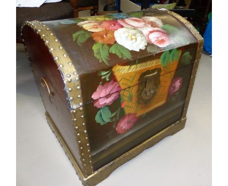 An ornately painted domed top trunk, 20"