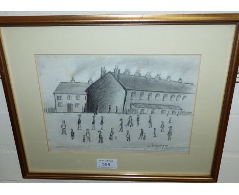 After L S Lowry:  pencil sketch, figures in front of a terrace of houses, 7" x 10", framed and glazed