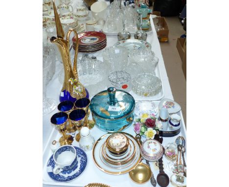 A Murano 5 piece blue glass liqueur set with gilt and floral decoration; trinket ware; etc.