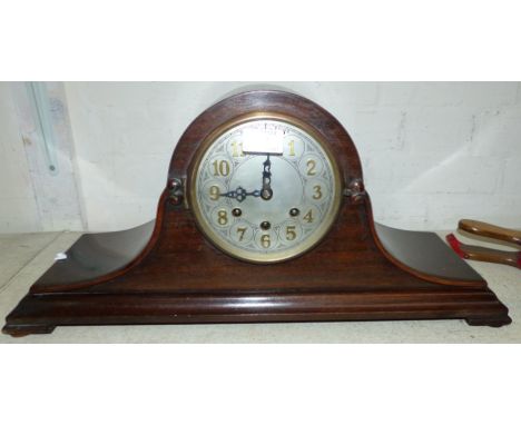 A mahogany Napoleon hat mantel clock with Westminster chime, silvered dial and raised gilt numerals; a brass oil lamp and sha