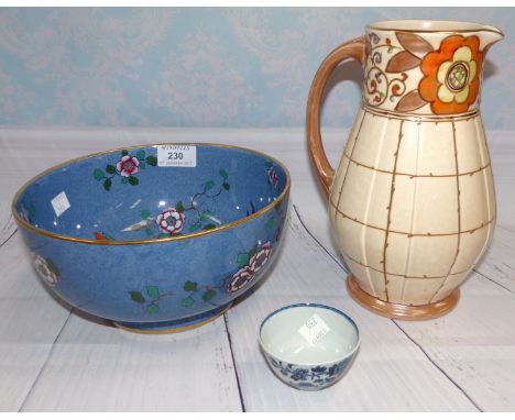 A Charlotte Rhead jug; a Masons bowl; a First Period Worcester blue and white tea bowl
