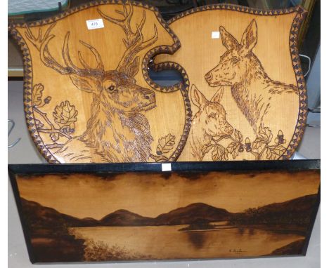 A pair of poker work pictures of stags and does; a Victorian oil on board:  landscape scene, signed E Graham; a poster "Good 