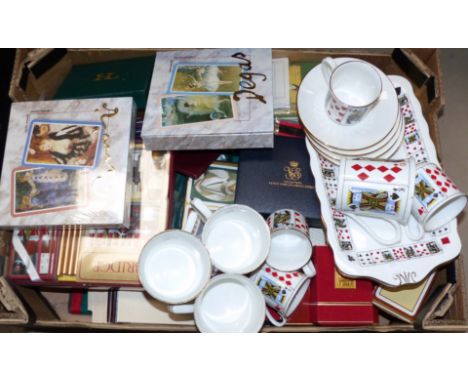 A large quantity of mostly unopened card decks; card playing accessories; Queens china with playing card decoration