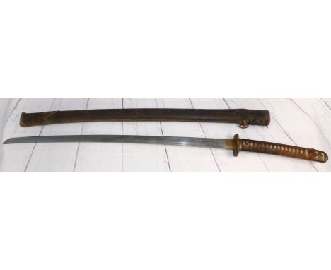 A Japanese traditional Samurai sword with brass tsuba and other mounts, scabbard with leather cover, overall length 40"