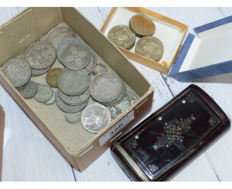 A small set of pre 1947 coins; other coins; a snuff box