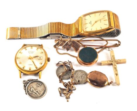 A 9ct Gold compass fob, a 9ct Gold cross plus a selection of watches etc