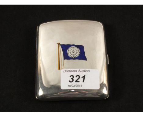 A Silver cigarette case with blue enamel and white rose flag, interior inscribed 'To Forpo with Best Wishes for 1910, from Ge