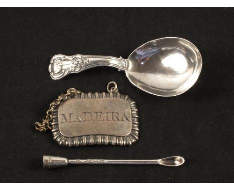 A Georgian Silver caddy spoon, Madeira wine label and a scent bottle scoop