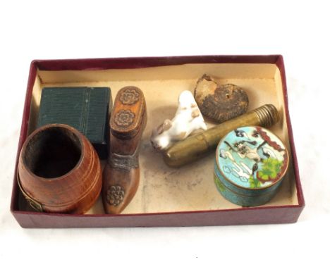 A wooden shoe snuff box and other items
