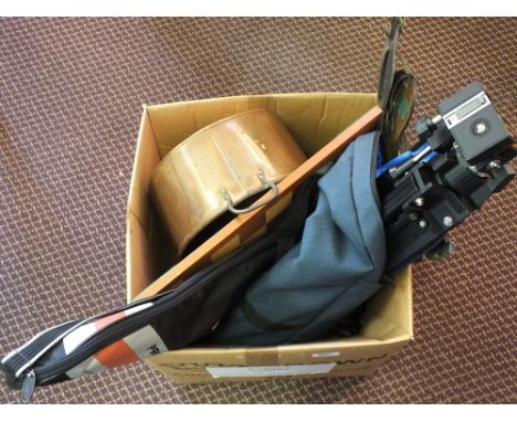A chess board, camera tripod and other items including horse brasses