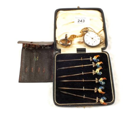 Cased Silver cocktail sticks with enamel cockerel finials, a Silver pocket watch and other items