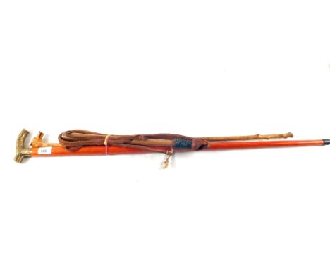 A carved wooden walking stick with dogs head grip and one other plus a riding crop