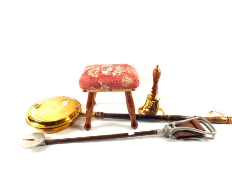 A Brass warming pan, bell, shooting stick and stool