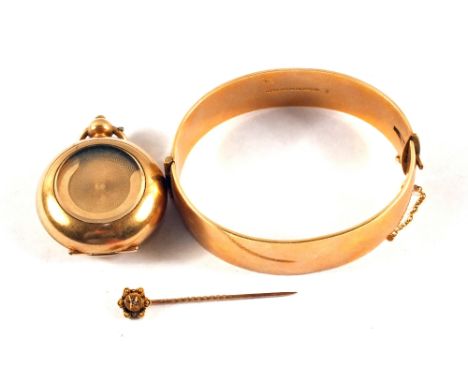A half hunter Gold plated sovereign holder, a 9ct Gold metal core bangle plus a 15ct Gold stick pin