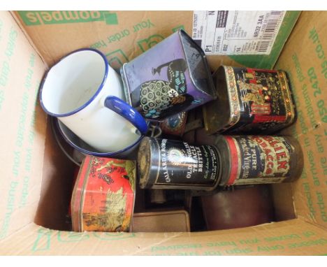 Cased lawn bowls plus enamel ware and various tins etc