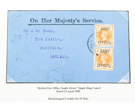 GB SG 041 1896 ½d vermilion 2 on cover to Carlisle, cancelled British Post Office South Africa 25/04/1900 Boer War