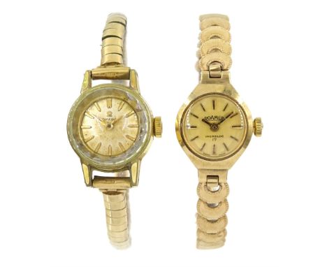 Omega gold-plated ladies wristwatch, on 9ct gold bracelet, hallmarked and a Roamer 9ct gold bracelet wristwatch, hallmarked, 