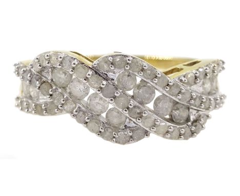 9ct gold round brilliant cut diamond crossover ring, hallmarked, total diamond weight 1.00 carat