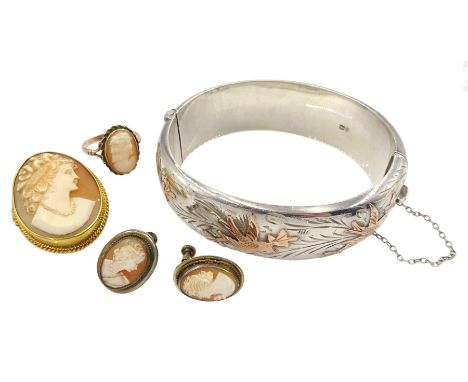 Gold cameo brooch and ring, both stamped 9ct, silver bangle with applied rose gold bird decoration hallmarked and a pair or s